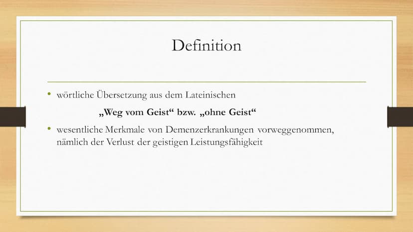 Demenz Demenz- Zahlen
Test
Zahlen-Test
Aufgabe: Merkt euch die Zahlen
▪ 57
▪83
48
▪
43
▪ 96 Definition
• wörtliche Übersetzung aus dem Latei
