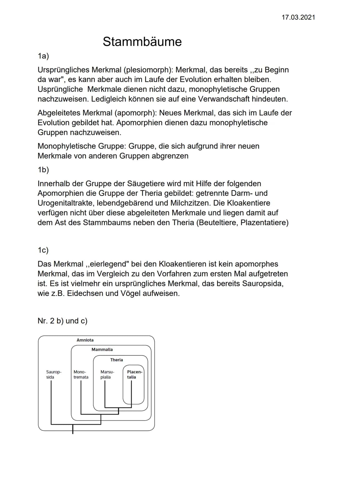 1a)
Ursprüngliches Merkmal (plesiomorph): Merkmal, das bereits ,,zu Beginn
da war", es kann aber auch im Laufe der Evolution erhalten bleibe