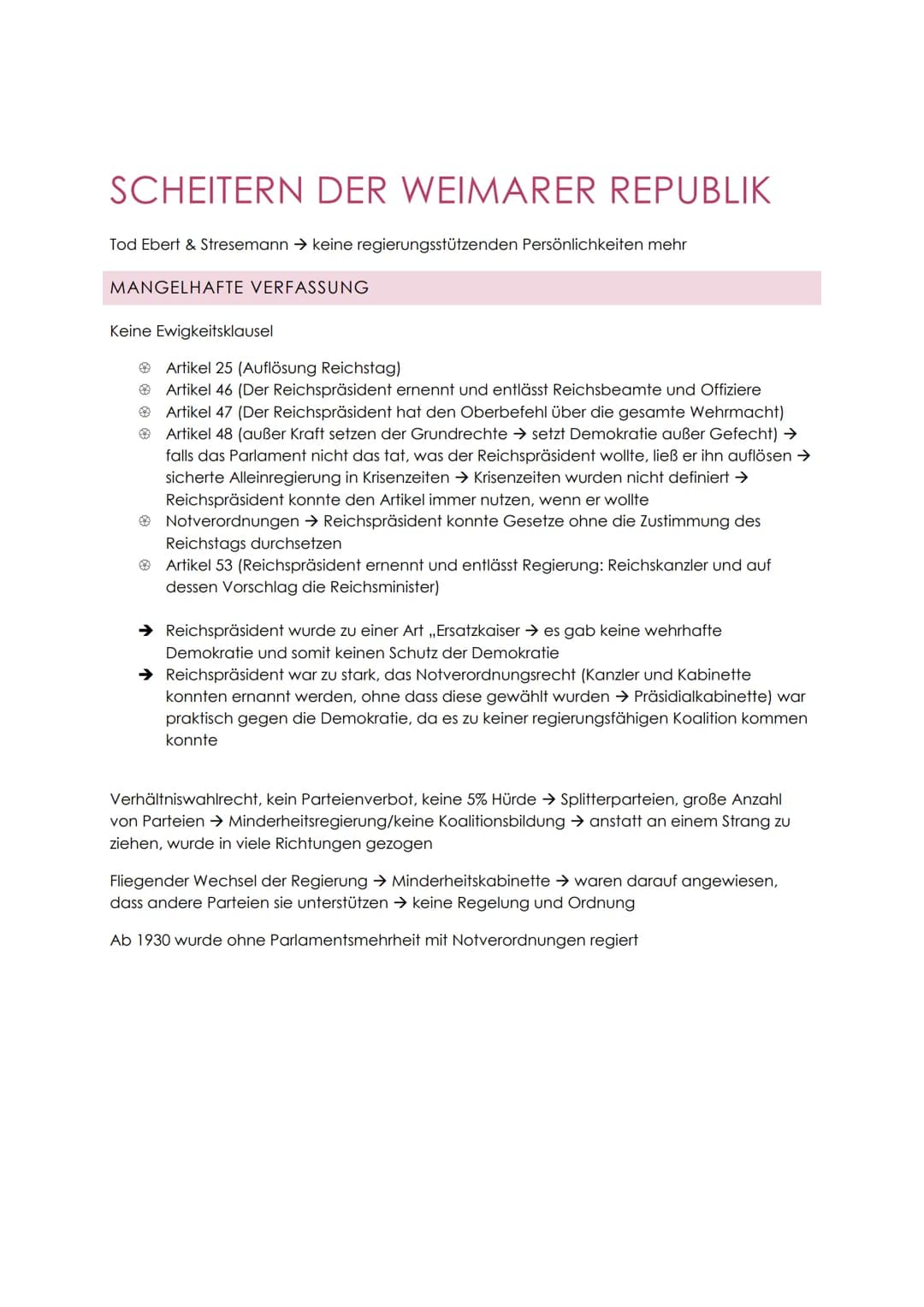 SCHEITERN DER WEIMARER REPUBLIK
Tod Ebert & Stresemann → keine regierungsstützenden Persönlichkeiten mehr
MANGELHAFTE VERFASSUNG
Keine Ewigk