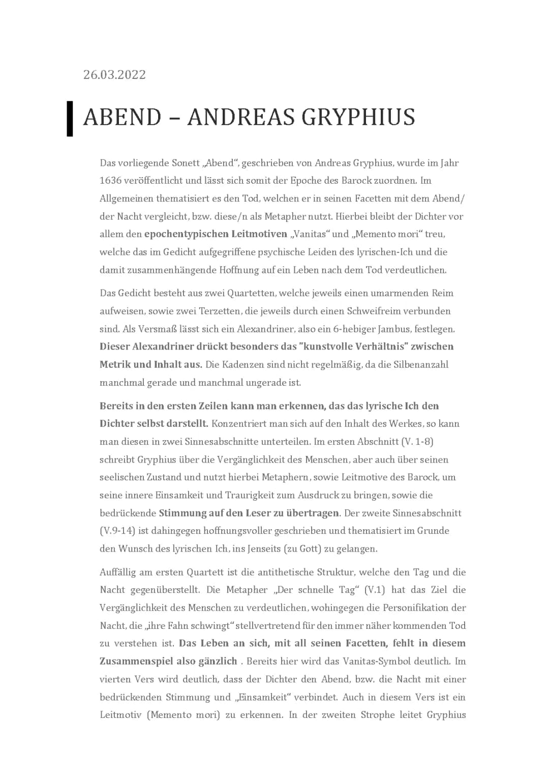 Gedichtanalyse/ Gedichtinterpretation „Abend“ - Andreas Gryphius (Barock)