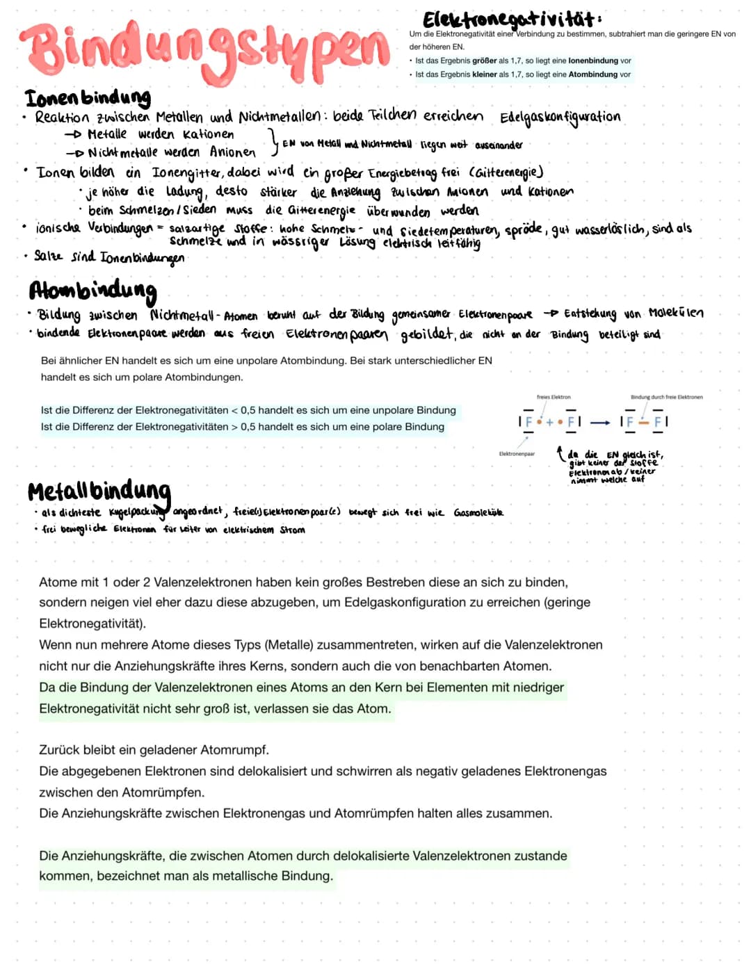 Elektronegativität:
Um die Elektronegativität einer Verbindung zu bestimmen, subtrahiert man die geringere EN von
der höheren EN.
Bindungsty