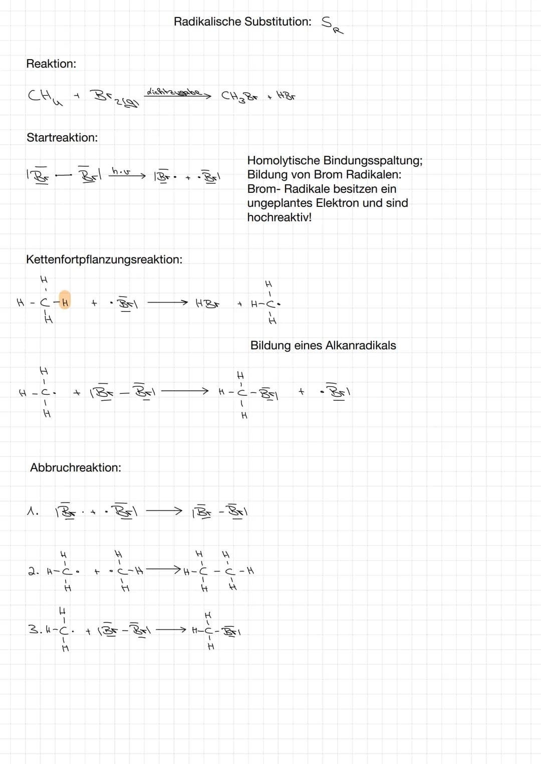 Reaktion:
сни
Startreaktion:
H
H-C-H
K
H
1
H-C.
1
H
4
^.
Kettenfortpflanzungsreaktion:
Bizigi
Br
Brl how
Abbruchreaktion:
H
4
T
2. H-C.
н
3.