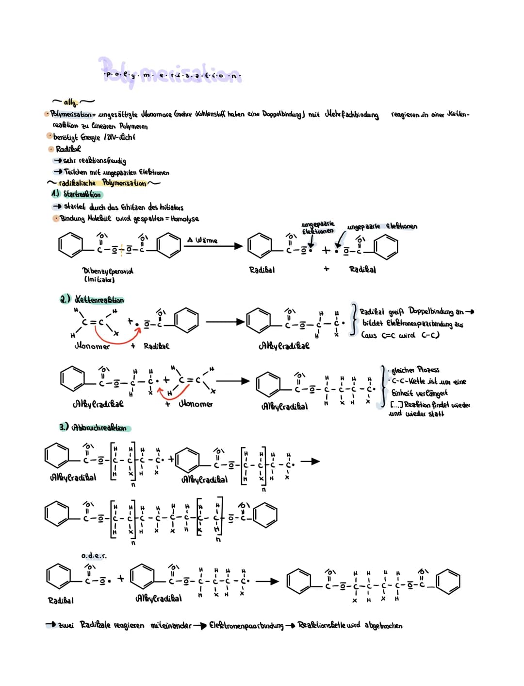 ~allg.~
•Polymerisation = ungesättigte Monomore (mehre Kohlenstoff haben eine Doppelbindung mit Mehrfachbindung reagieren in einer Ketten-
r