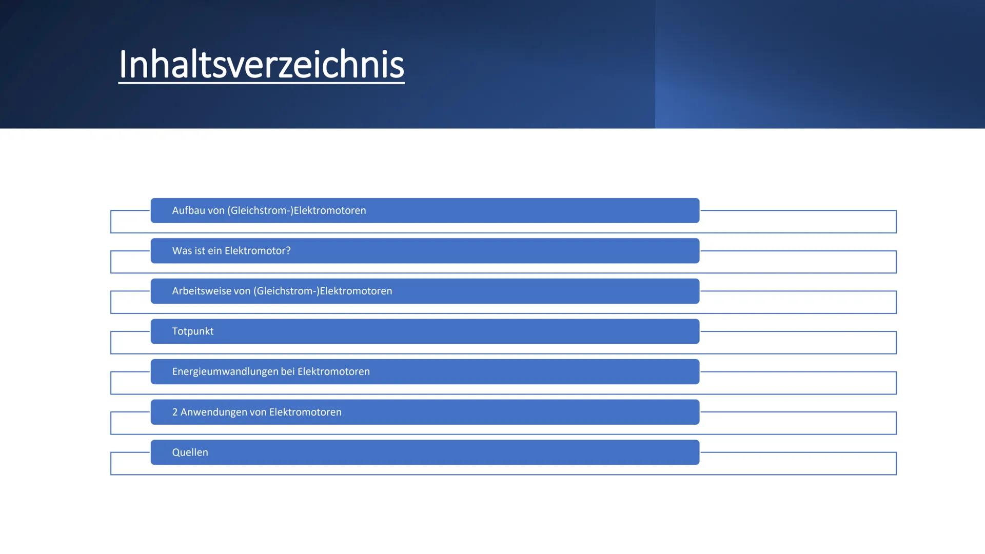 # Elektromotor

Von: Noura, Thanusha, Katrin # Inhaltsverzeichnis

Aufbau von (Gleichstrom-) Elektromotoren

Was ist ein Elektromotor?

Arbe