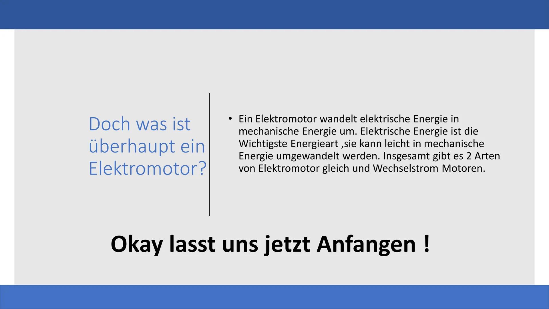 # Elektromotor

Von: Noura, Thanusha, Katrin # Inhaltsverzeichnis

Aufbau von (Gleichstrom-) Elektromotoren

Was ist ein Elektromotor?

Arbe