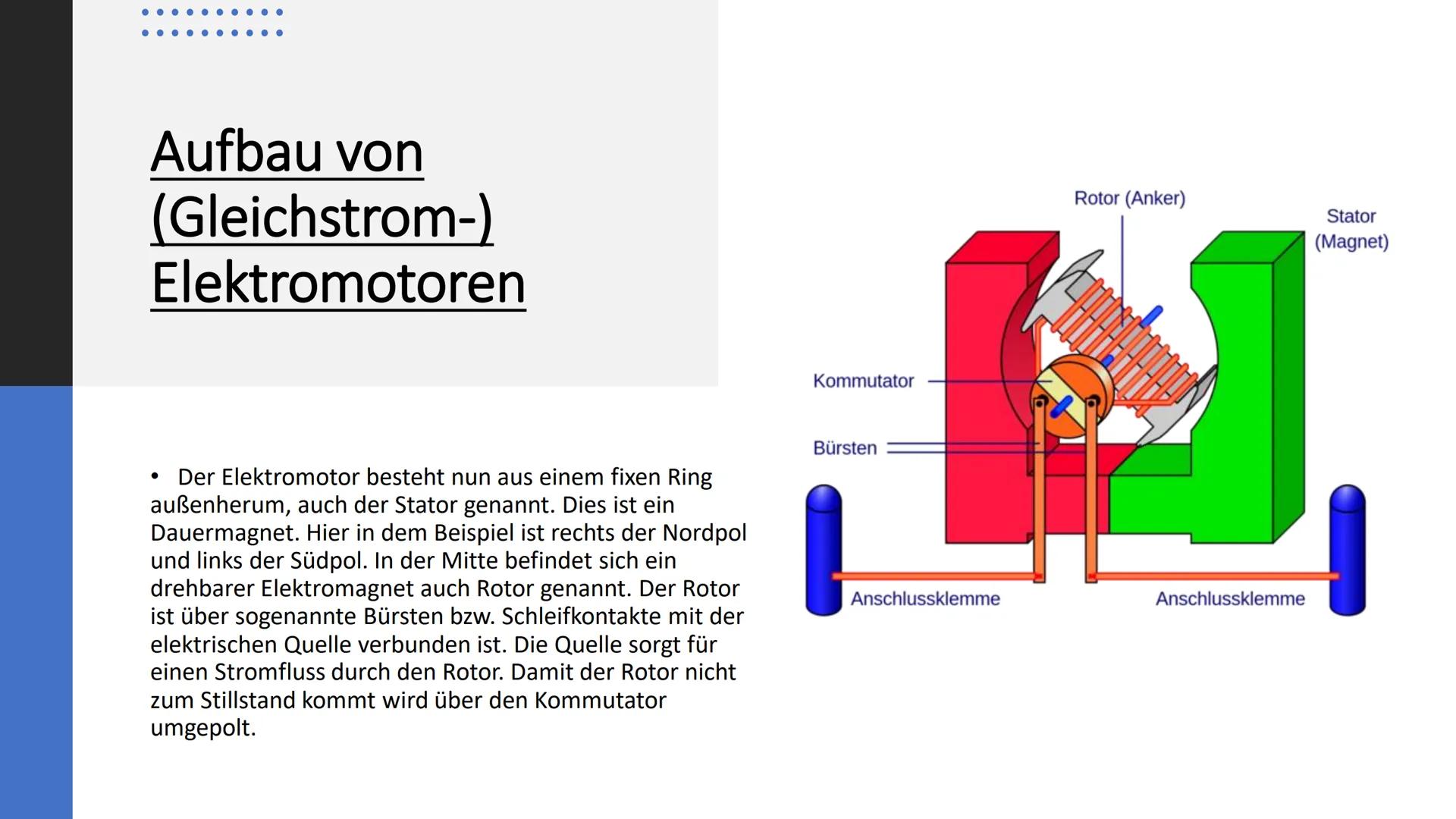 # Elektromotor

Von: Noura, Thanusha, Katrin # Inhaltsverzeichnis

Aufbau von (Gleichstrom-) Elektromotoren

Was ist ein Elektromotor?

Arbe