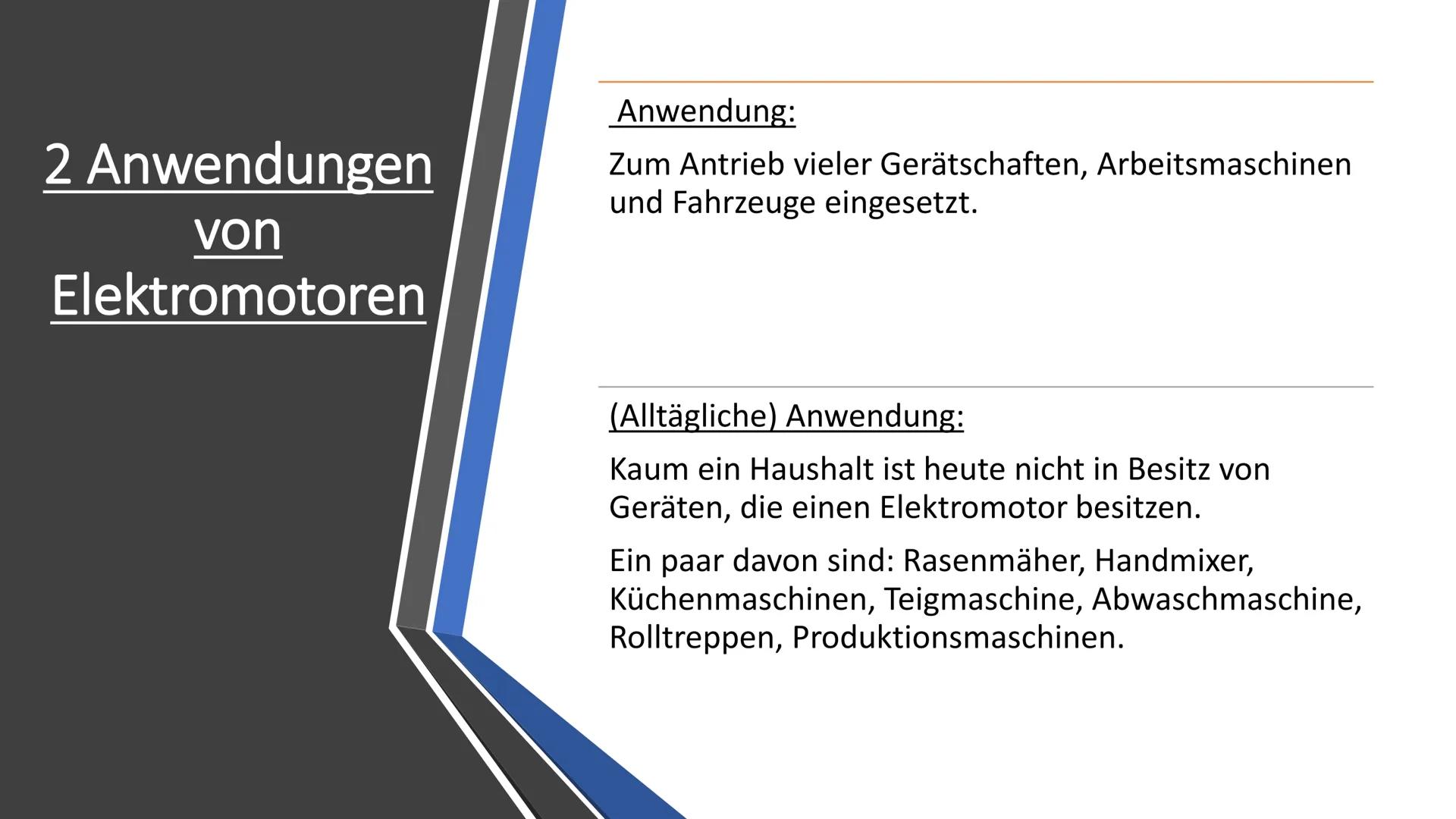 # Elektromotor

Von: Noura, Thanusha, Katrin # Inhaltsverzeichnis

Aufbau von (Gleichstrom-) Elektromotoren

Was ist ein Elektromotor?

Arbe