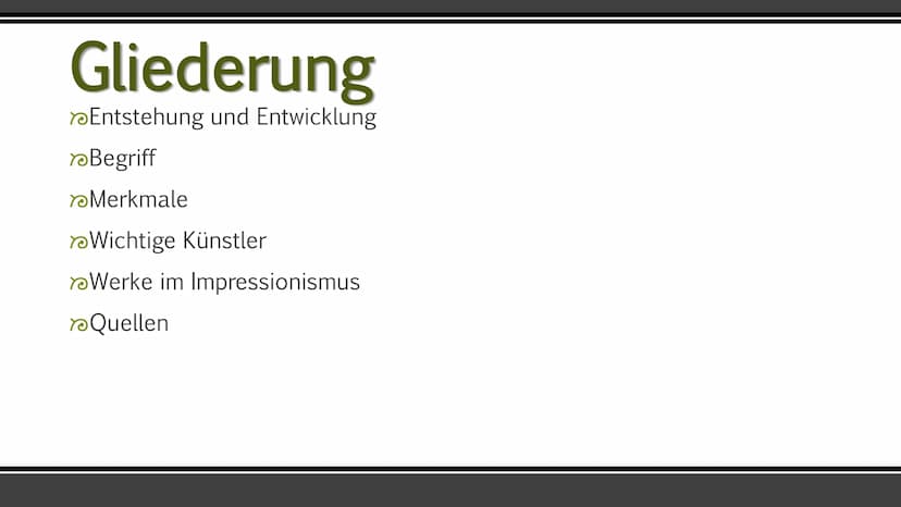 Impressionismus
Die Epoche Impressionismus in der Kunst
Ruveyda Bilir Gliederung
Entstehung und Entwicklung
Begriff
Merkmale
Wichtige Künstl