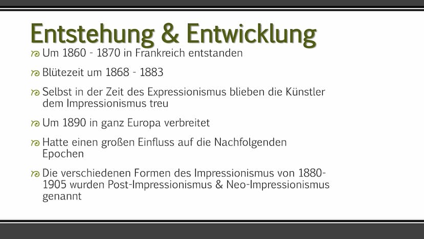 Impressionismus
Die Epoche Impressionismus in der Kunst
Ruveyda Bilir Gliederung
Entstehung und Entwicklung
Begriff
Merkmale
Wichtige Künstl