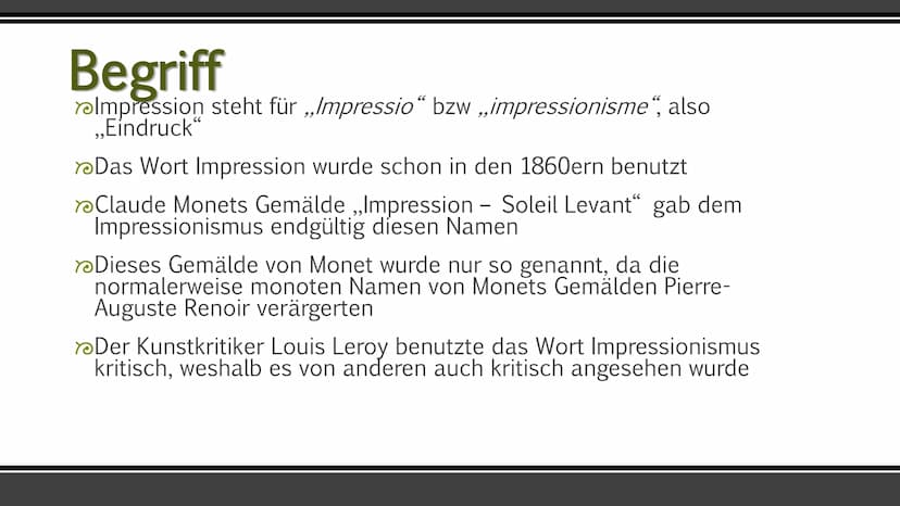 Impressionismus
Die Epoche Impressionismus in der Kunst
Ruveyda Bilir Gliederung
Entstehung und Entwicklung
Begriff
Merkmale
Wichtige Künstl