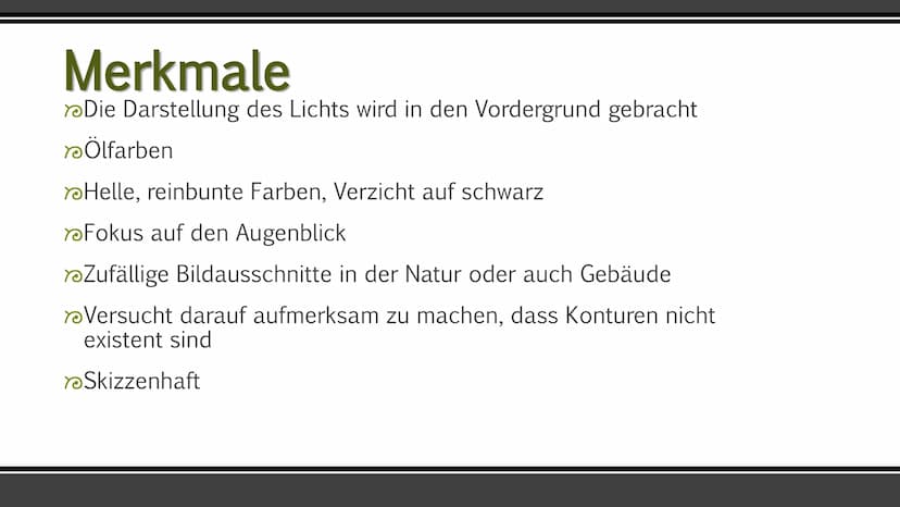 Impressionismus
Die Epoche Impressionismus in der Kunst
Ruveyda Bilir Gliederung
Entstehung und Entwicklung
Begriff
Merkmale
Wichtige Künstl