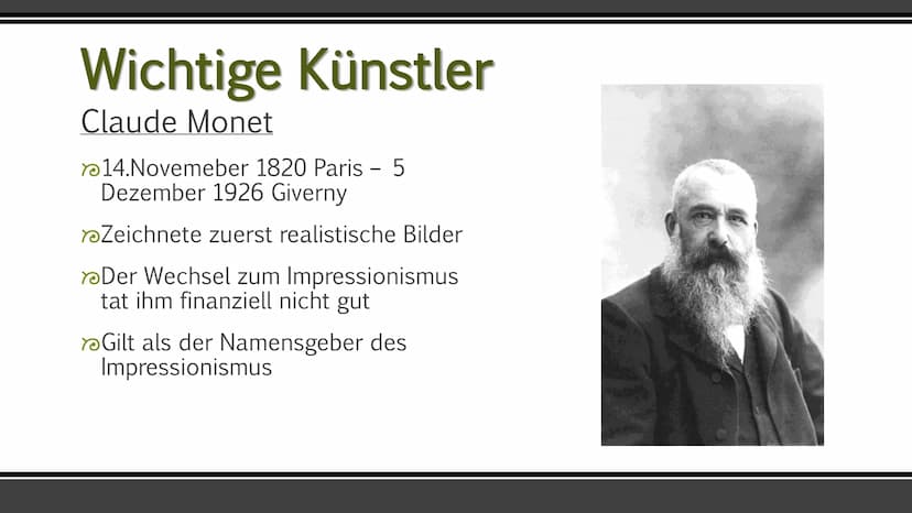 Impressionismus
Die Epoche Impressionismus in der Kunst
Ruveyda Bilir Gliederung
Entstehung und Entwicklung
Begriff
Merkmale
Wichtige Künstl