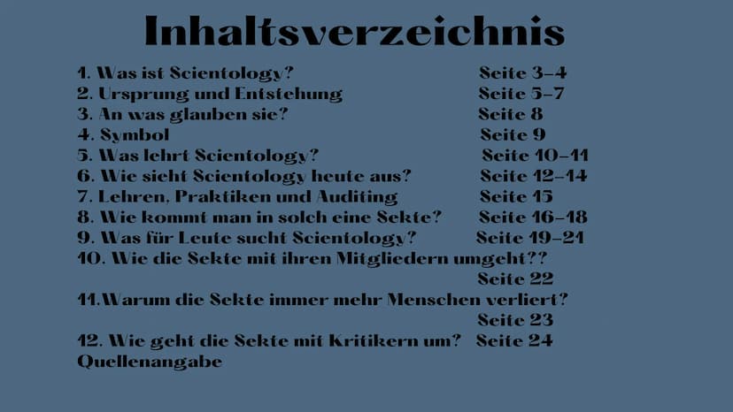 +
SCIENTOLOGY
Scientology
Wissen über das Wissen Inhaltsverzeichnis
Seite 3-4
Seite 5-7
1. Was ist Scientology?
2. Ursprung und Entstehung
3