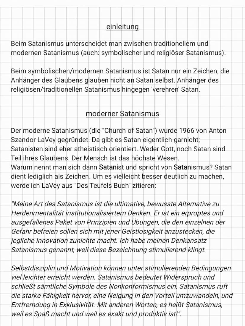 Inhalt:
- einleitung: Satanismus
- Quellen
traditioneller und moderner
satanismus
- moderner Satanismus einleitung
Beim Satanismus untersche