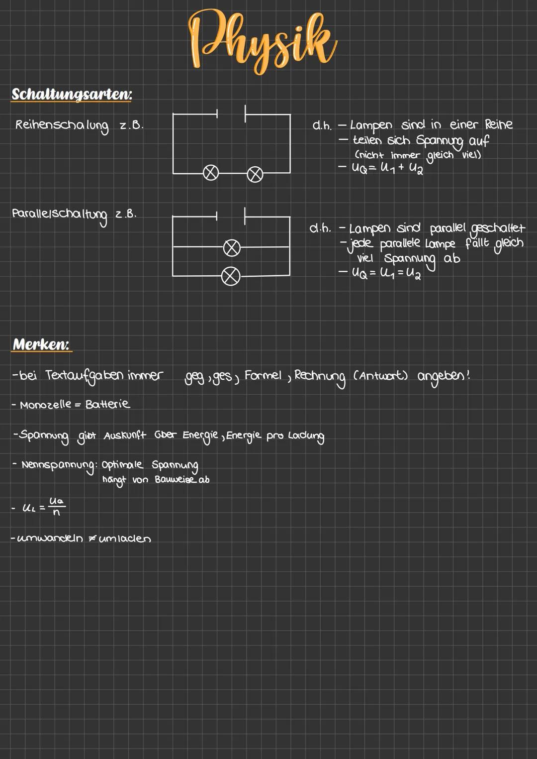 Schaltplansymbole:
D
M
G
Potenzial
F
Spannung U
Die
[u] = 1V
Spannung
Physik
entspricht im
Wassermoclell.
Lampe
Weiteres:
1mV = 0,001V
1KV =