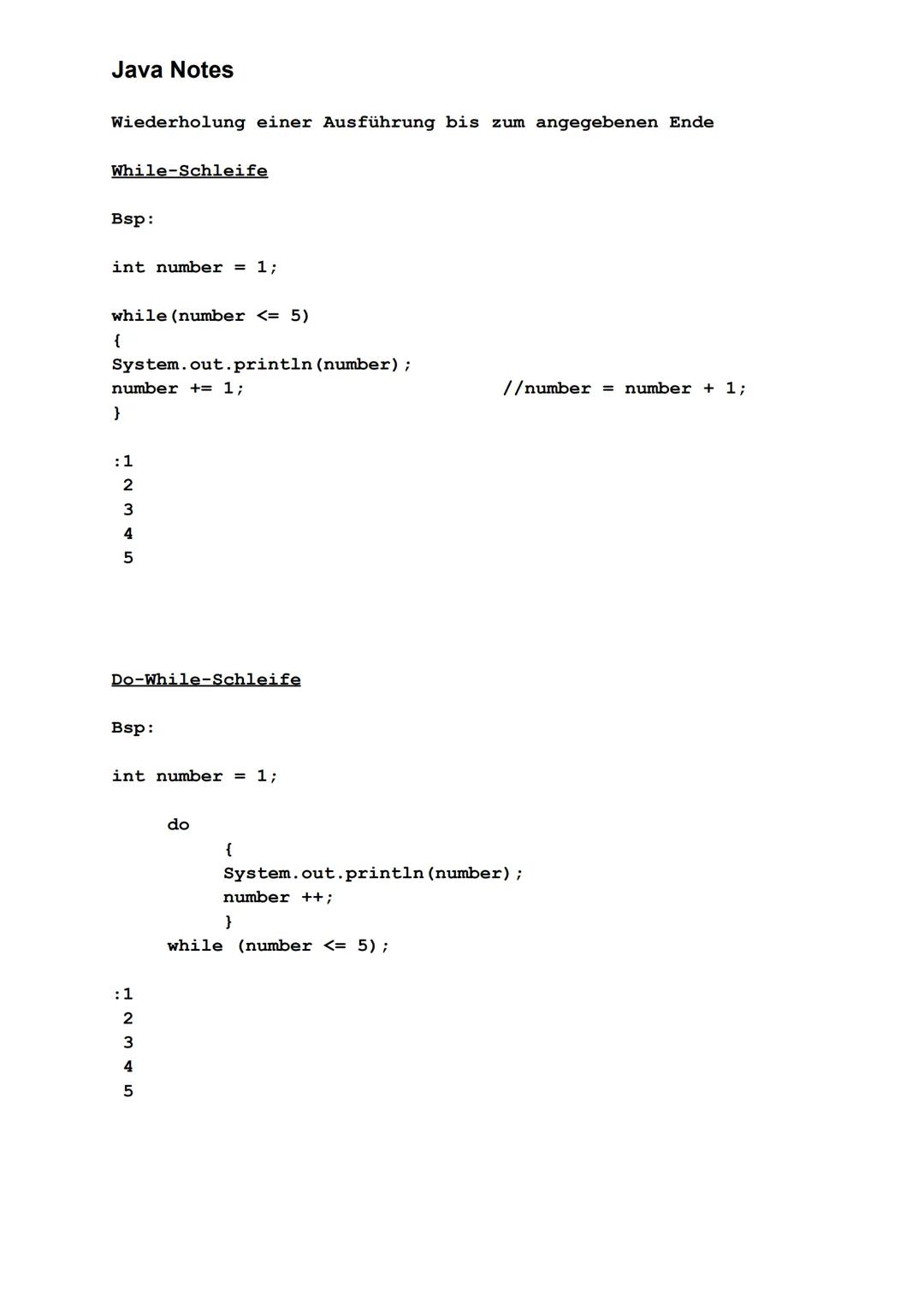 Java Notes
Datentypen
Datentyp
int
double
long
float
short
byte
char
boolean
String
für Zahlen: (z. B.)
int name = 13;
System.out.println (n