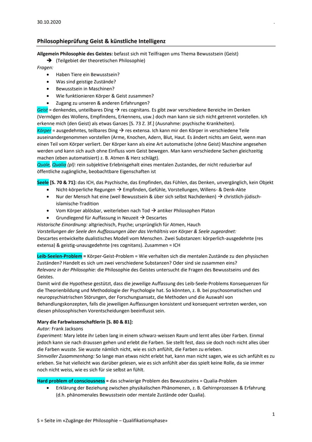 30.10.2020
Philosophieprüfung Geist & künstliche Intelligenz
Allgemein Philosophie des Geistes: befasst sich mit Teilfragen ums Thema Bewuss