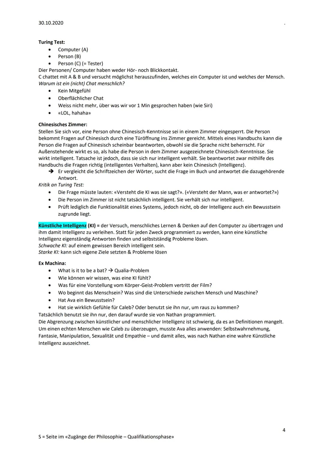 30.10.2020
Philosophieprüfung Geist & künstliche Intelligenz
Allgemein Philosophie des Geistes: befasst sich mit Teilfragen ums Thema Bewuss