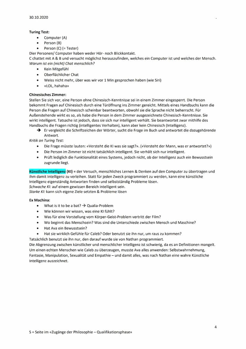30.10.2020
Philosophieprüfung Geist & künstliche Intelligenz
Allgemein Philosophie des Geistes: befasst sich mit Teilfragen ums Thema Bewuss