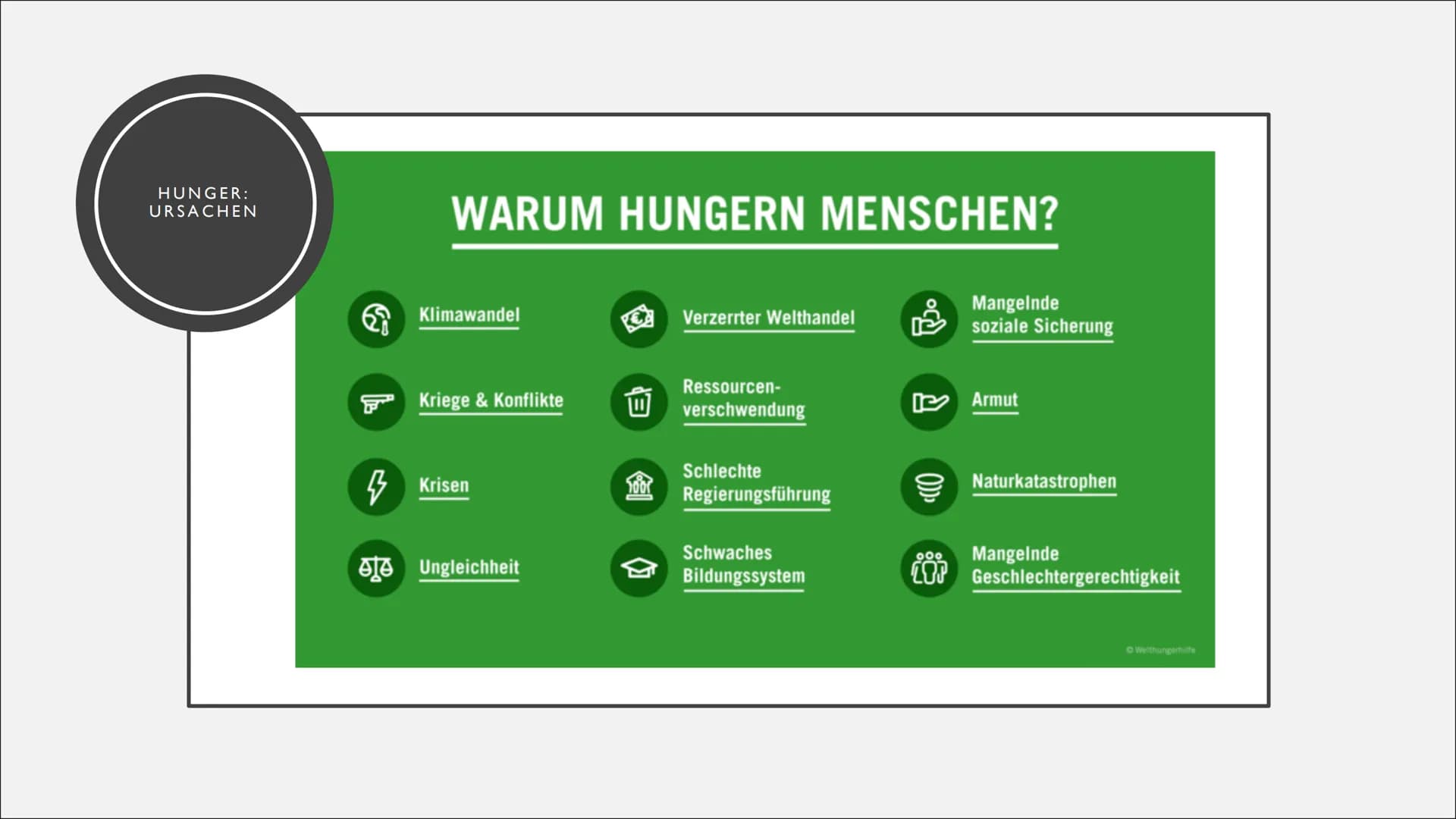 welt
hunger
hilfe
WELTHUNGERHILFE
Präsentation von Tamara Niemann ●
INHALTSVERZEICHNIS
Was ist die Welthungerhilfe?
Hunger: Ursachen
Lösunge