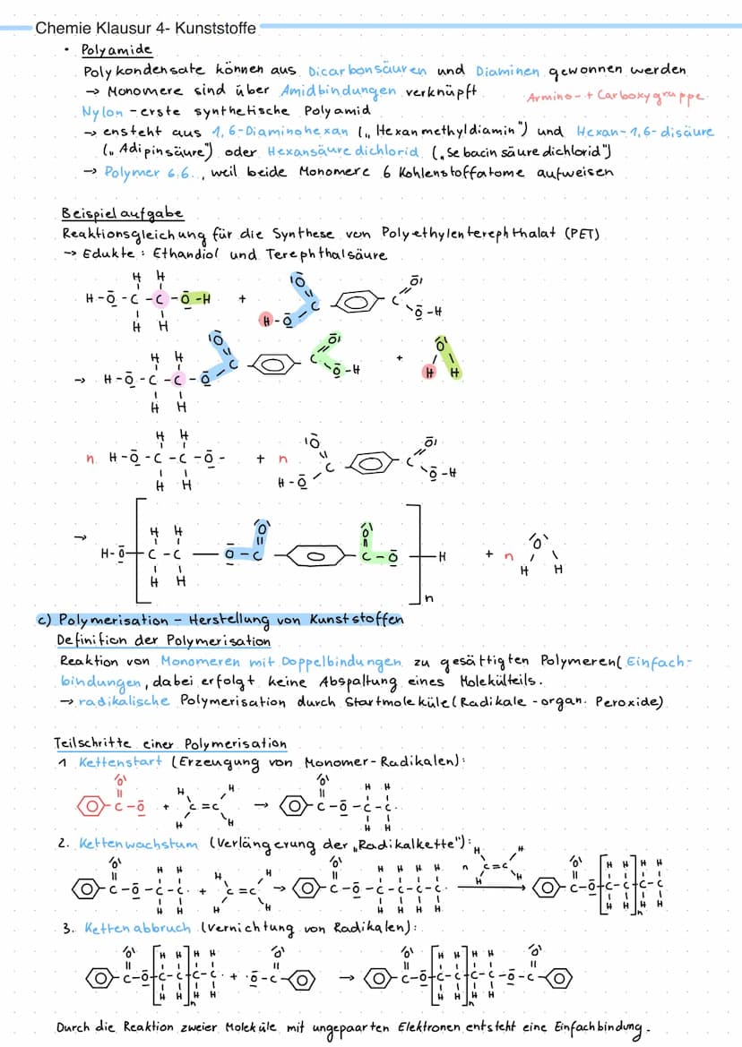 Chemie Klausur 4- Kunststoffe
a) Eigenschaften und Strukturen von Kunststoffen
Definition der Kunststoffe
Als Kunststoff bezeichnet man küns