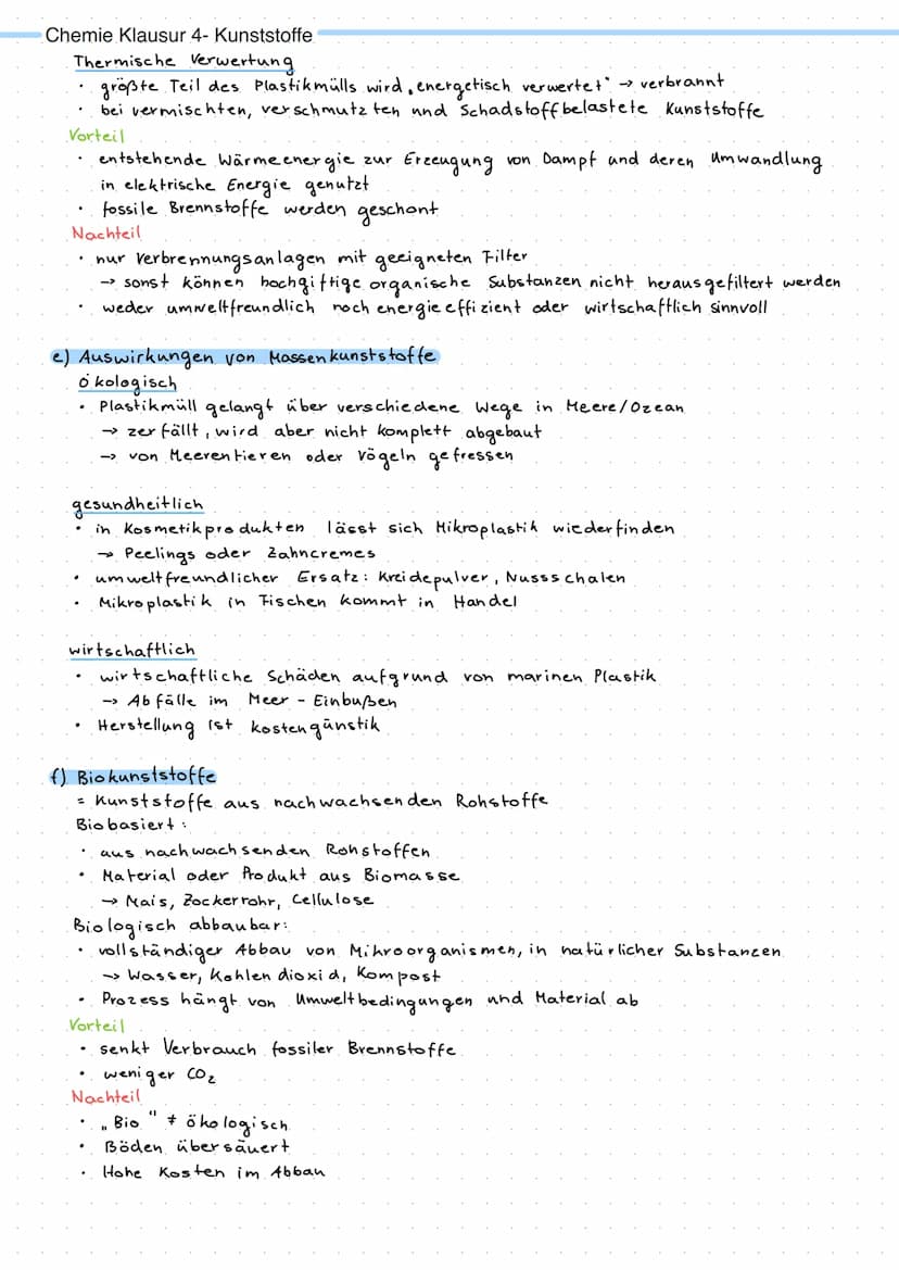 Chemie Klausur 4- Kunststoffe
a) Eigenschaften und Strukturen von Kunststoffen
Definition der Kunststoffe
Als Kunststoff bezeichnet man küns