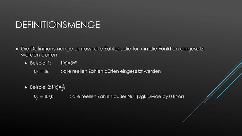 1. Definitionsmenge
Die Definitionsmenge umfasst alle Zahlen, die für x in die Funktion eingesetzt werden dürfen.
Beispiel 1: f(x)=3x²
Df = 
