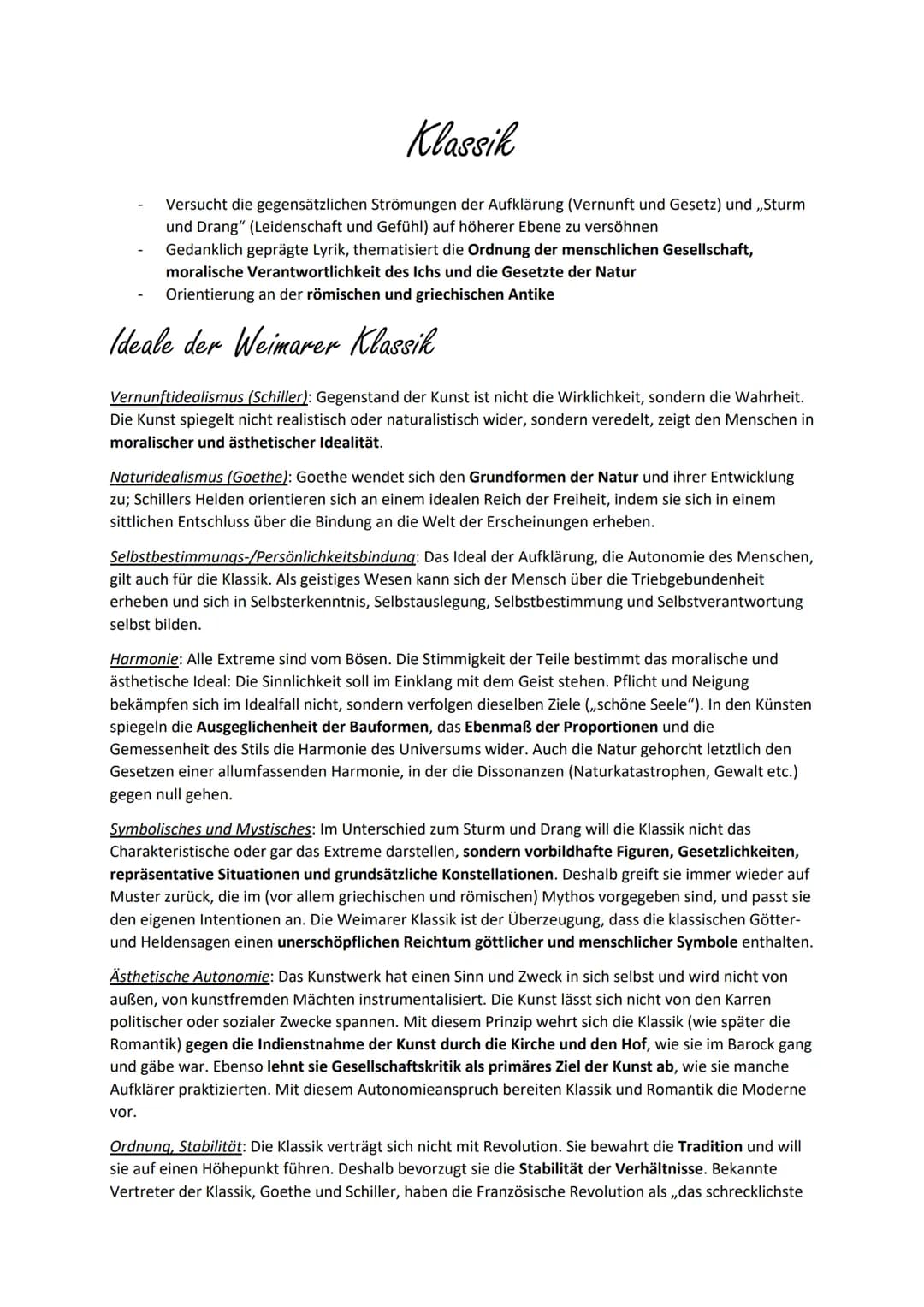 Klassik
Versucht die gegensätzlichen Strömungen der Aufklärung (Vernunft und Gesetz) und ,,Sturm
und Drang" (Leidenschaft und Gefühl) auf hö