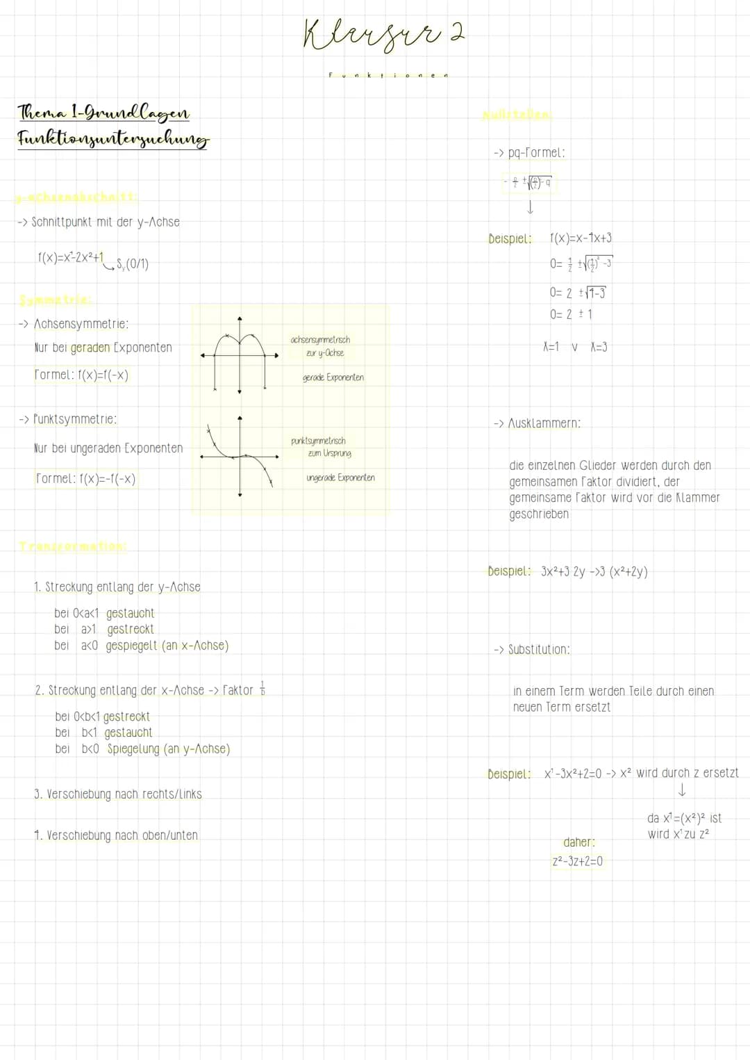 Thema 1-Grundlagen
Funktionsuntersuchung
-> Schnittpunkt mit der y-Achse
f(x)=x-2x²+1 S, (0/1)
->Achsensymmetrie:
Nur bei geraden Exponenten