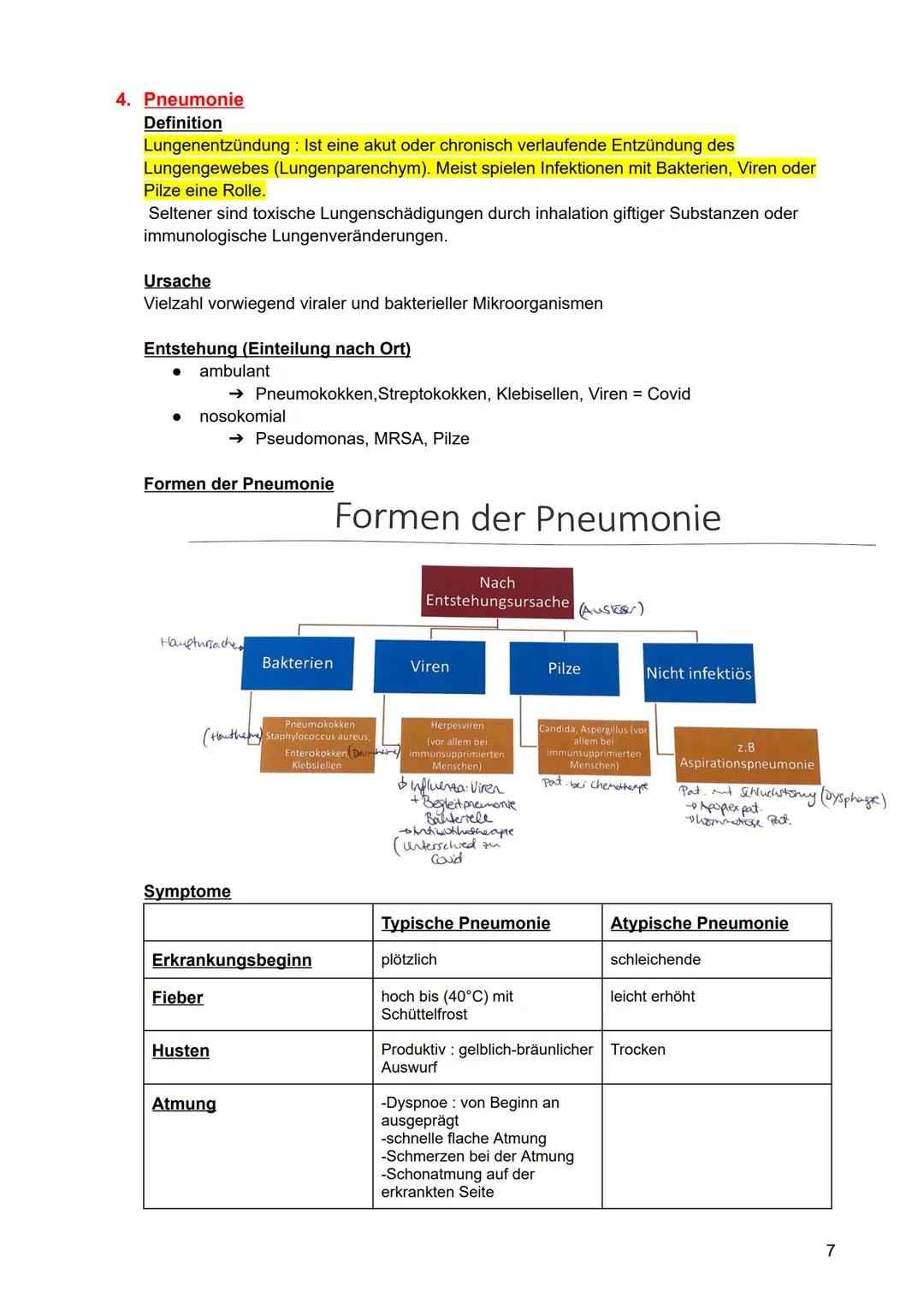 4. Pneumonie
Definition
Lungenentzündung: Ist eine akut oder chronisch verlaufende Entzündung des
Lungengewebes (Lungenparenchym). Meist spi