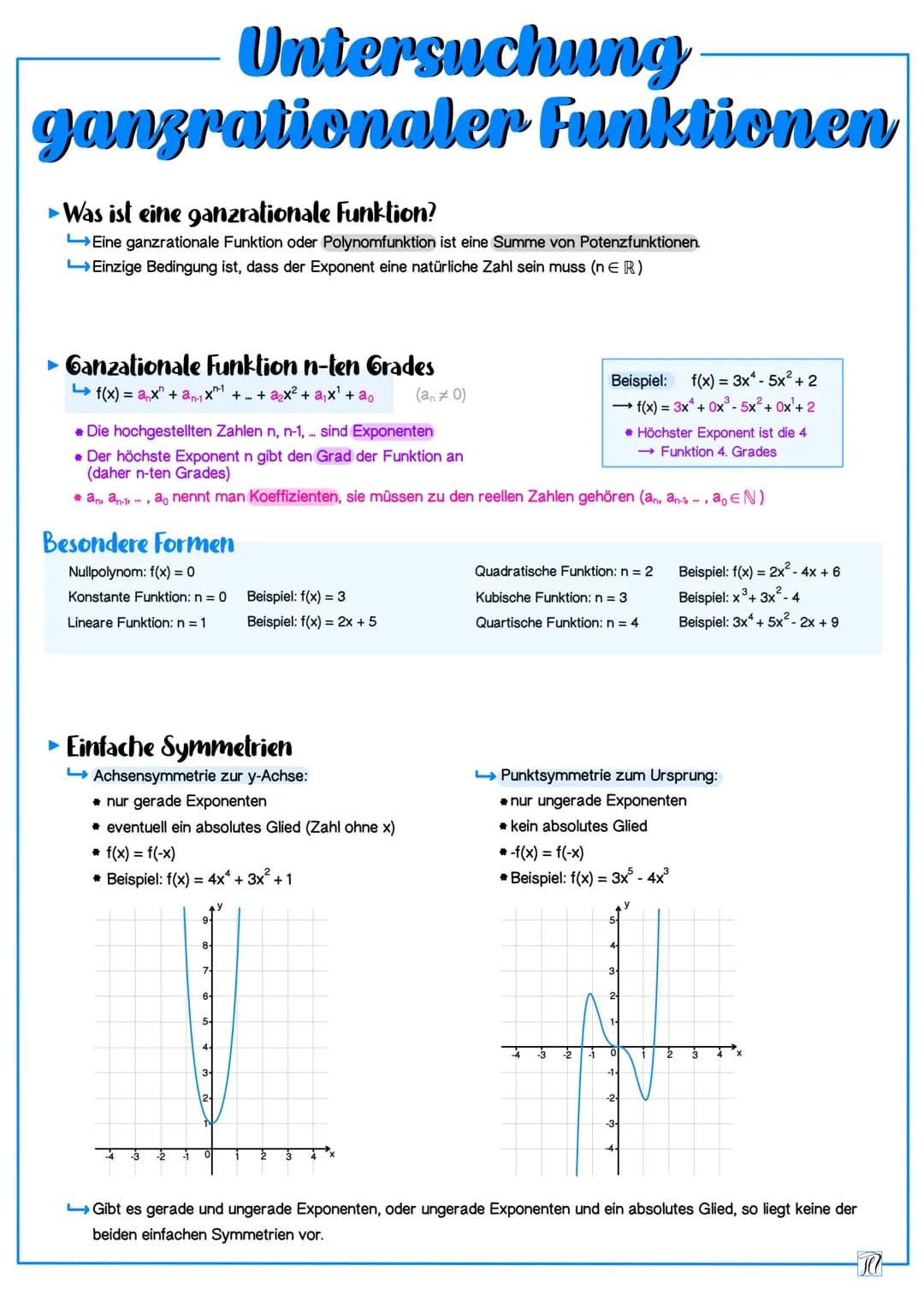 gangrationaler Funktionen
Was ist eine ganzrationale Funktion?
→→→→Eine ganzrationale Funktion oder Polynomfunktion ist eine Summe von Poten