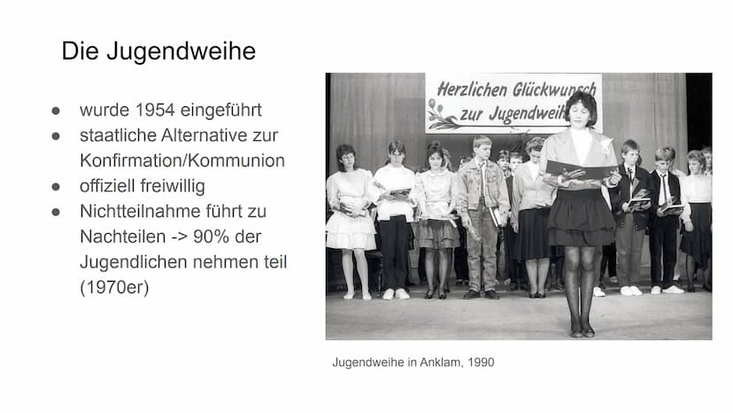 Beeinflussung
von klein auf
Freizeit: Pioniere, FDJ
und Jugendweihe
1440
foo
FOJ
res Gliederung
Ideologie
• Die Jungen Pioniere
Freie Deutsc
