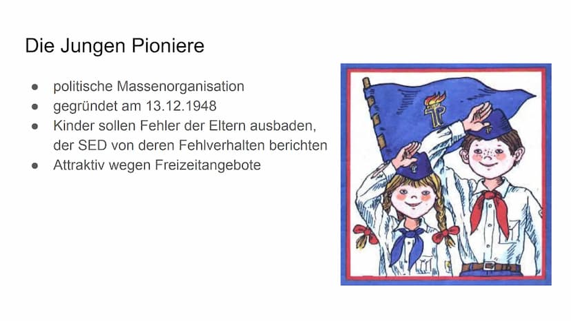 Beeinflussung
von klein auf
Freizeit: Pioniere, FDJ
und Jugendweihe
1440
foo
FOJ
res Gliederung
Ideologie
• Die Jungen Pioniere
Freie Deutsc