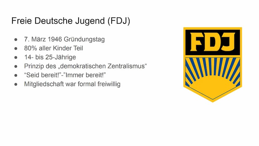 Beeinflussung
von klein auf
Freizeit: Pioniere, FDJ
und Jugendweihe
1440
foo
FOJ
res Gliederung
Ideologie
• Die Jungen Pioniere
Freie Deutsc