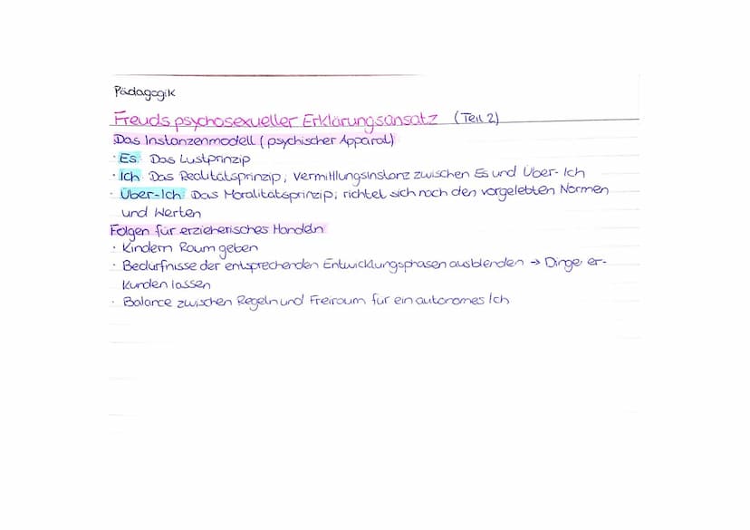 Podagogik
Freuds psychosexueller Erklärungsansatz
der Mensch ist, nicht Herr im eigenen Hous" → Grund dafür ist das Unbewusste,
da jeder Han
