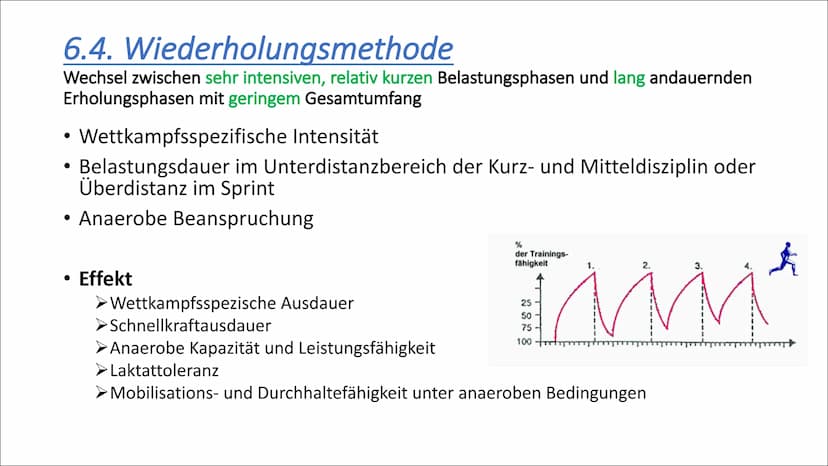 6. Trainingsmethoden
1. Dauermethode
2. Wechselmethode
3. Intervallmethode
4. Wiederholungsmethoden
5. Wettkampfsmethoden 6.1. Dauermethode
