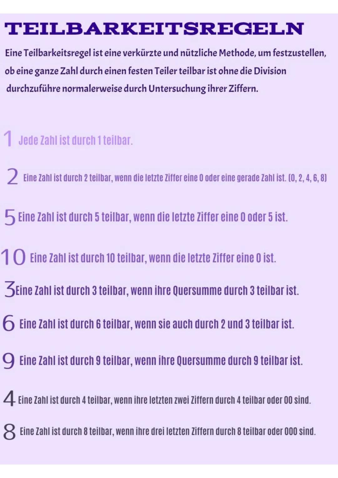 TEILERMENGEN
Die Teilermenge einer
Zahl enthält alle Teiler
der Zahl. In der
Teilermenge einer Zahl
schreibst du alle Teiler
der Zahl auf.
T