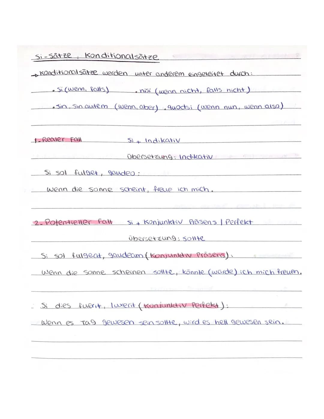 
<p>Konditionalsätze werden unter anderem eingeleitet durch:</p>
<ul>
<li>Si (wenn, falls)</li>
<li>Nisi (wenn nicht, falls nicht)</li>
<li>