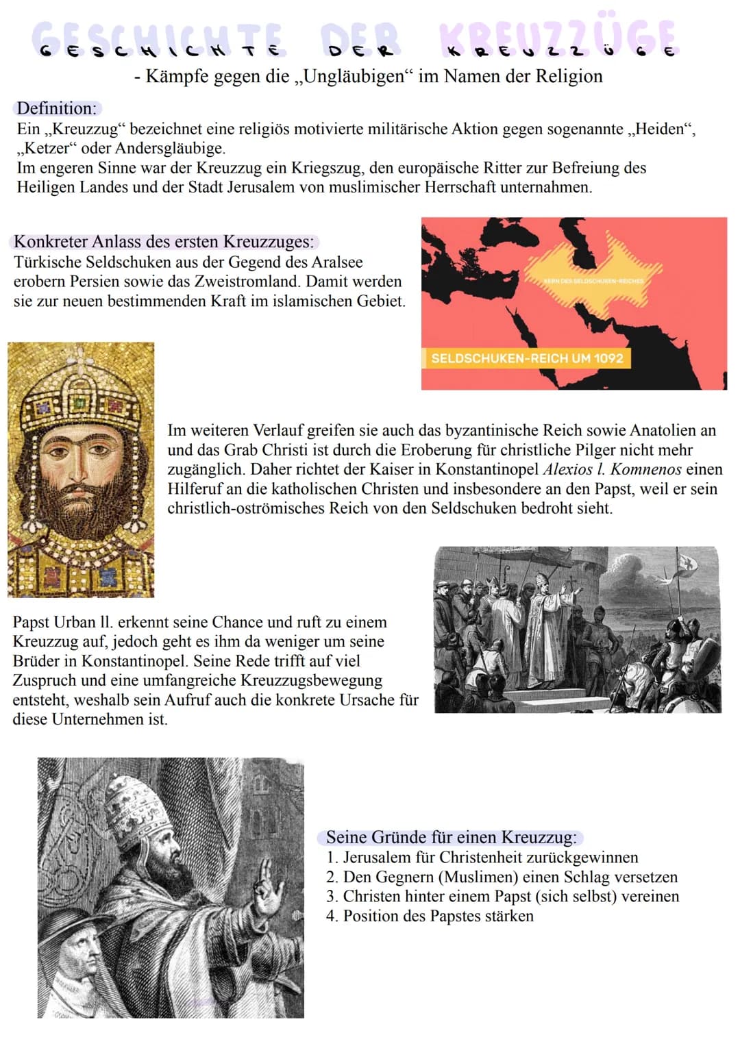 GESCHICHTE DER KREUZZÜGE
- Kämpfe gegen die „Ungläubigen“ im Namen der Religion
Definition:
Ein ,,Kreuzzug" bezeichnet eine religiös motivie