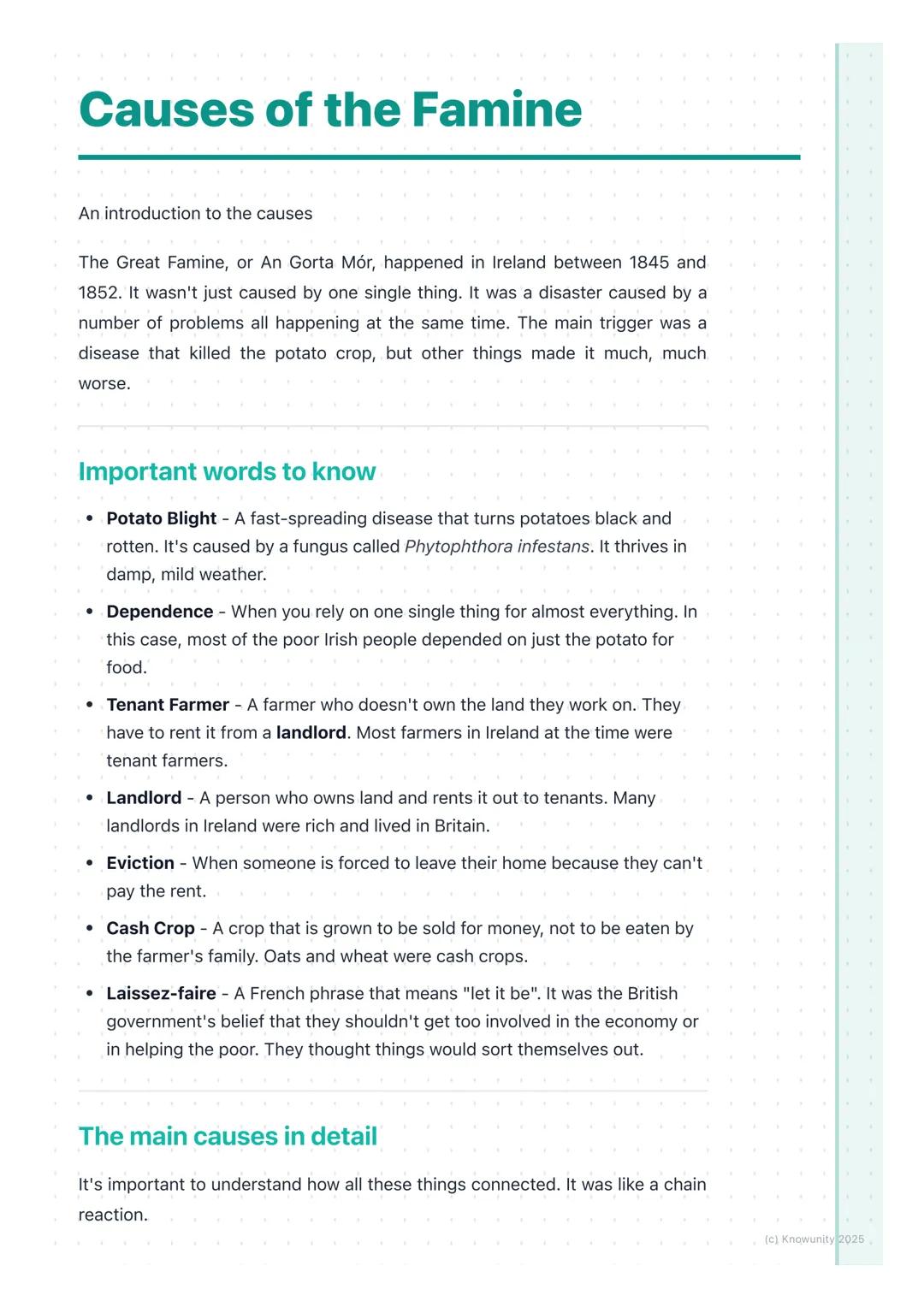# Causes of the Famine

An introduction to the causes

The Great Famine, or An Gorta Mór, happened in Ireland between 1845 and
1852. It wasn