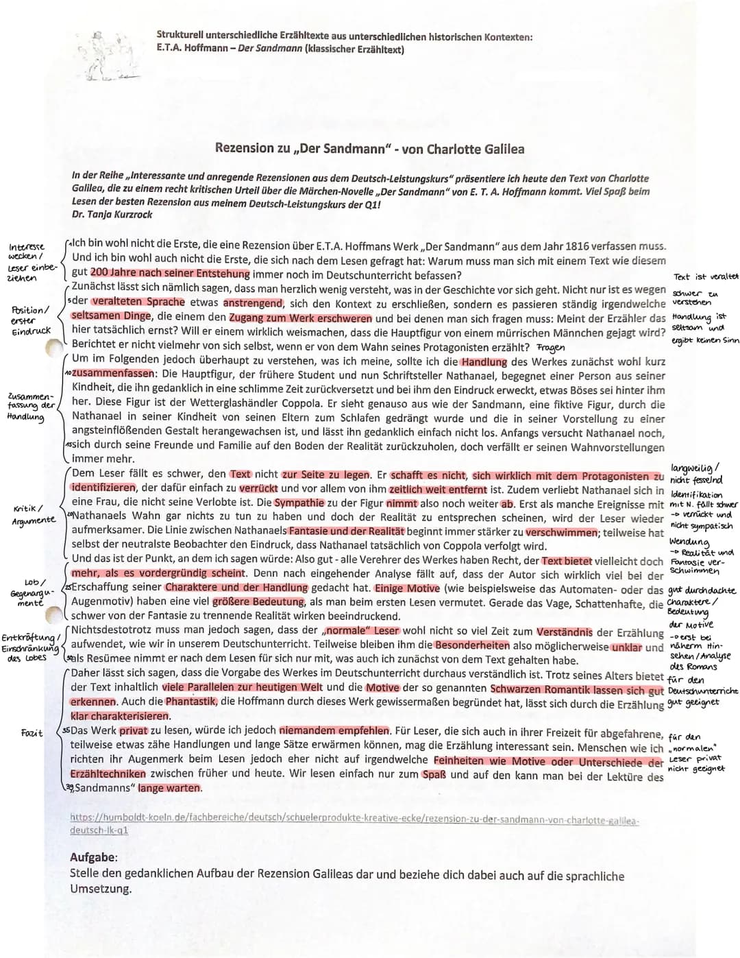 Rezensionsanalyse
Bei dem vorliegenden Text handelt es sich um eine Rezension zu der Novelle, Der Sandmann" von
aus dem Jahr 1816. Verfasst 