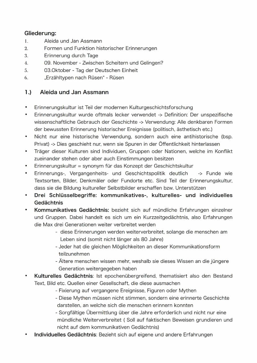 Semester 4/4
Thema: Erinnerungskultur Gliederung:
1.
2.
3.
4.
5.
6.
1.)
●
●
●
●
●
●
Aleida und Jan Assmann
Formen und Funktion historischer 