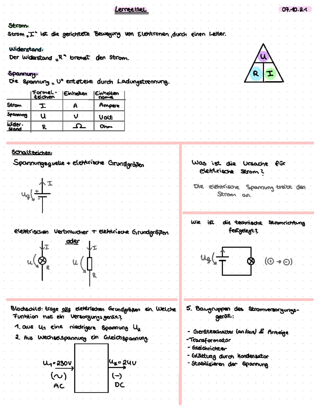 Elektrotechnik Lernzettel mit einfachen Erklärungen und Übungen als PDF