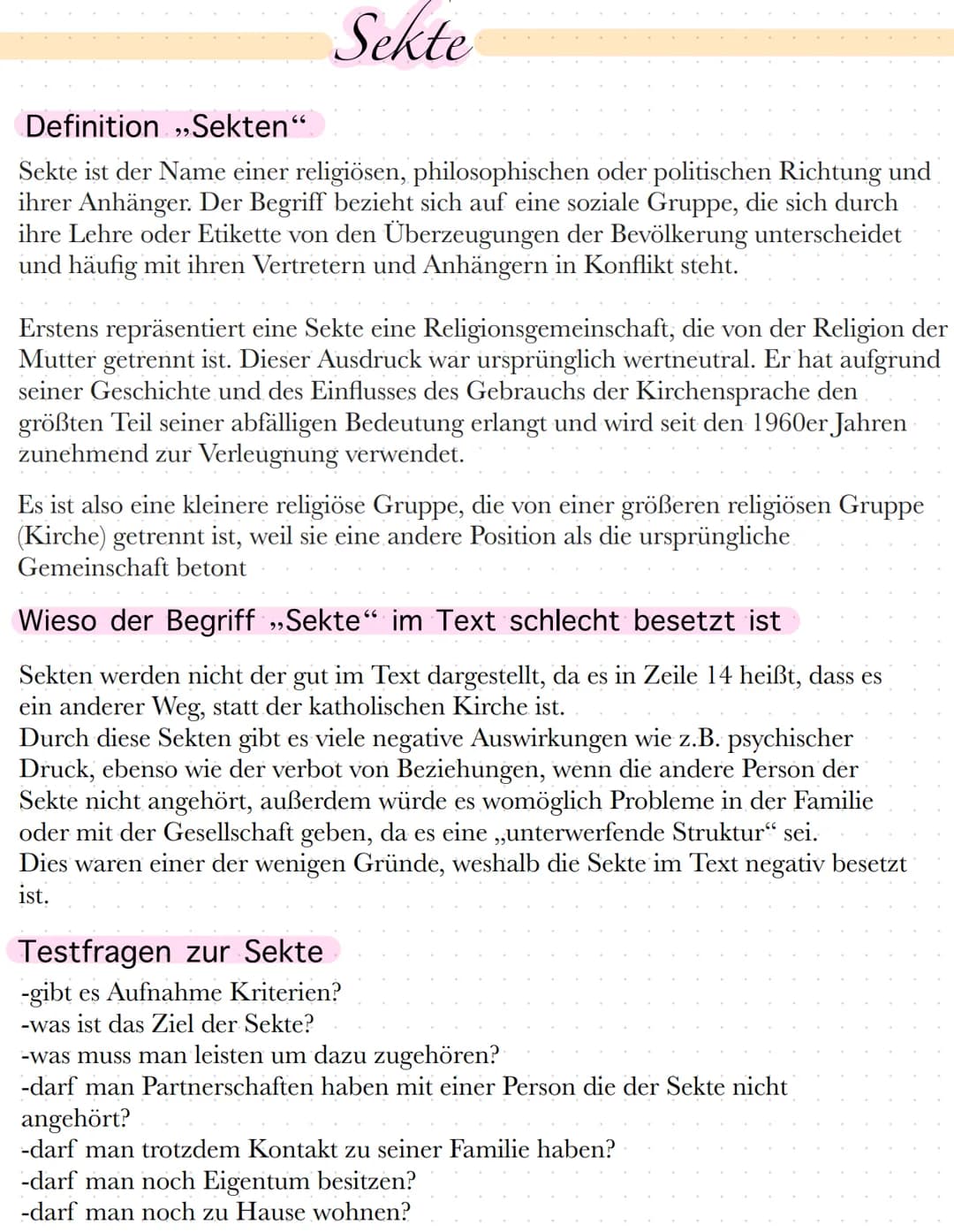 Sekte
Definition,,Sekten".
Sekte ist der Name einer religiösen, philosophischen oder politischen Richtung und
ihrer Anhänger. Der Begriff be