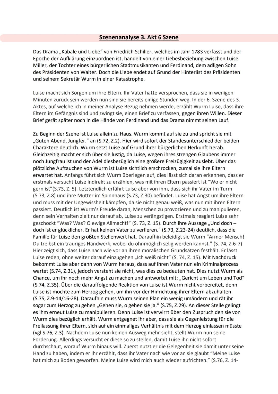 Szenenanalyse 3. Akt 6 Szene
Das Drama ,,Kabale und Liebe" von Friedrich Schiller, welches im Jahr 1783 verfasst und der
Epoche der Aufkläru