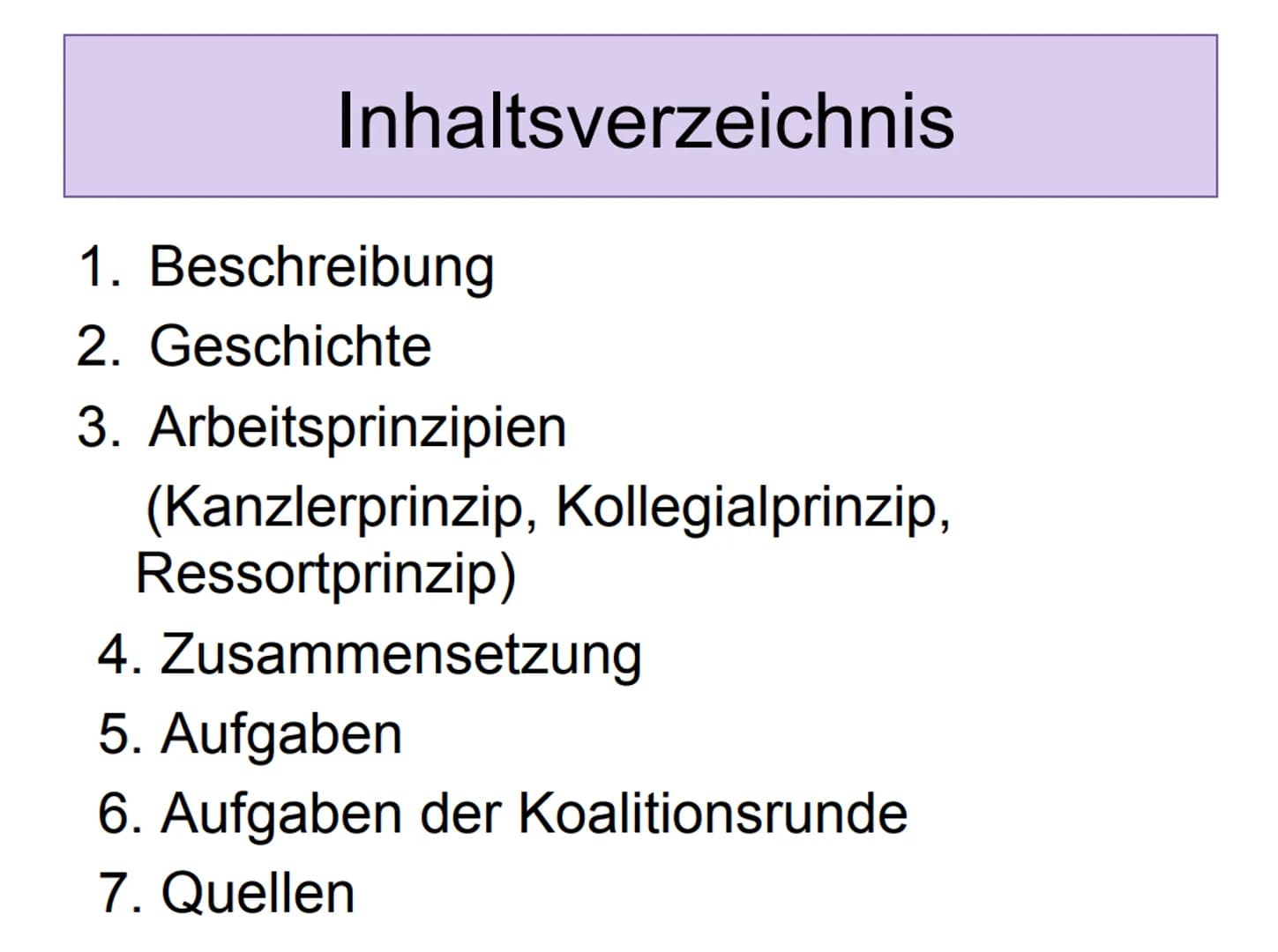 Bundesregierung
Die
Bundesregierung Inhaltsverzeichnis
1. Beschreibung
2. Geschichte
3. Arbeitsprinzipien
(Kanzlerprinzip, Kollegialprinzip,