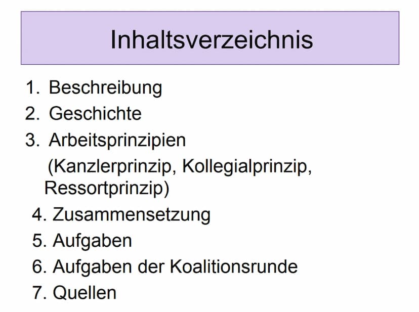 Bundesregierung
Die
Bundesregierung Inhaltsverzeichnis
1. Beschreibung
2. Geschichte
3. Arbeitsprinzipien
(Kanzlerprinzip, Kollegialprinzip,