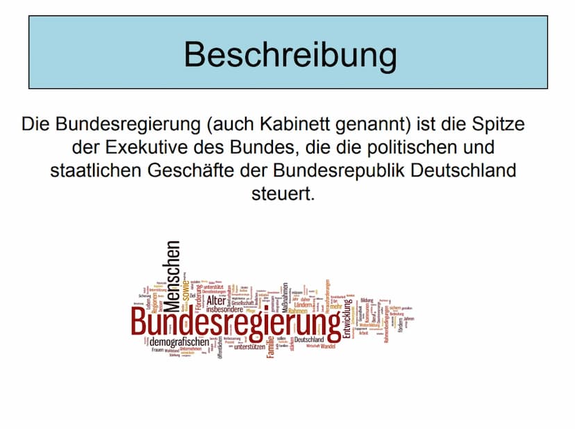 Bundesregierung
Die
Bundesregierung Inhaltsverzeichnis
1. Beschreibung
2. Geschichte
3. Arbeitsprinzipien
(Kanzlerprinzip, Kollegialprinzip,