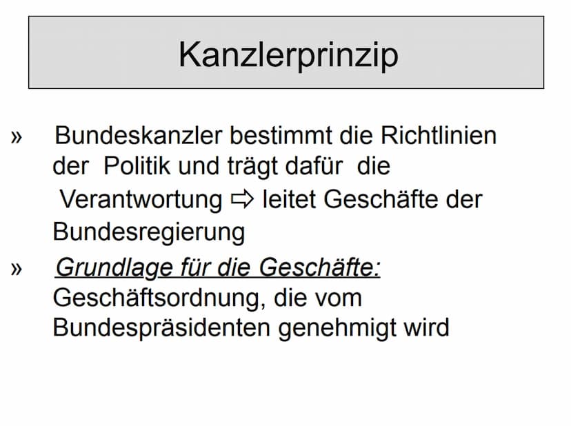 Bundesregierung
Die
Bundesregierung Inhaltsverzeichnis
1. Beschreibung
2. Geschichte
3. Arbeitsprinzipien
(Kanzlerprinzip, Kollegialprinzip,
