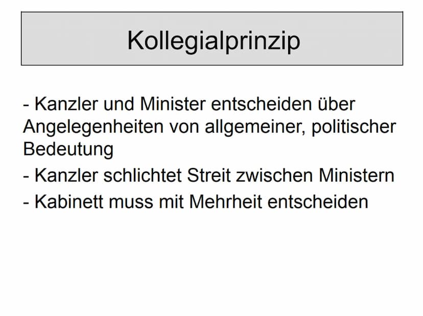 Bundesregierung
Die
Bundesregierung Inhaltsverzeichnis
1. Beschreibung
2. Geschichte
3. Arbeitsprinzipien
(Kanzlerprinzip, Kollegialprinzip,